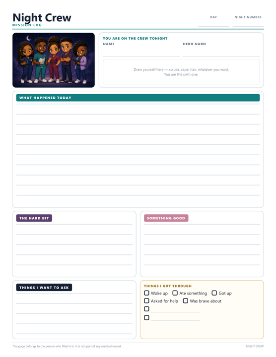 The Mission Log page: a crew illustration, a space to draw yourself in, and boxes for what happened today, the hard bit, something good, and things I want to ask.